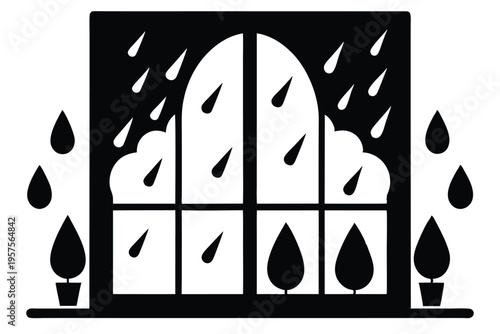 raindrops on window silhouette line art vector illustration