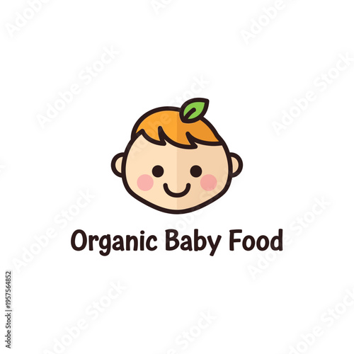 Cute cartoon baby face logo with text Organic Baby Food, healthy food concept for children, simple illustration