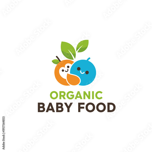 Cute organic baby food logo with happy fruits and green leaves, healthy eating concept for children