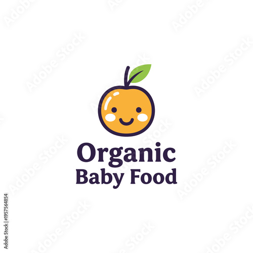 Cute smiling orange character logo for organic baby food with green leaf and text