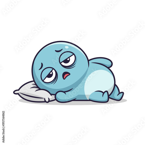 Tired Blue Cartoon Character Lying on Pillow, Feeling Sleepy and Exhausted