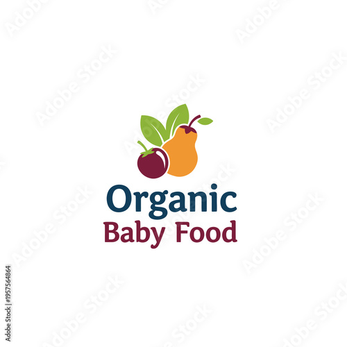 Organic Baby Food Logo with Fruits and Leaves, Healthy Nutrition for Infants and Toddlers