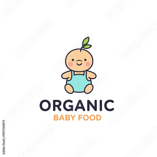 Cute cartoon baby character with sprout on head, logo for organic baby food, healthy nutrition, natural ingredients