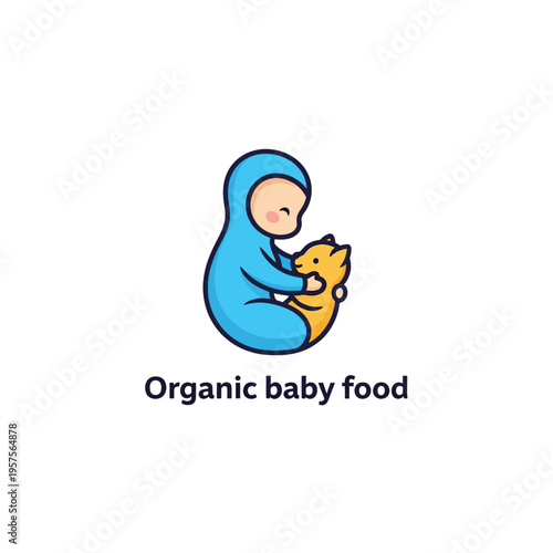 Cute cartoon baby in blue outfit hugging a yellow cat, logo for organic baby food