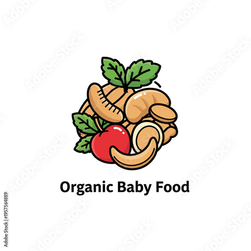 Organic Baby Food Logo with Fruits and Nuts, Healthy Nutrition for Infants, Natural Ingredients, Vector Illustration