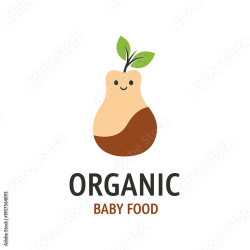 Cute organic baby food logo with smiling pear sprout and text "ORGANIC BABY FOOD"
