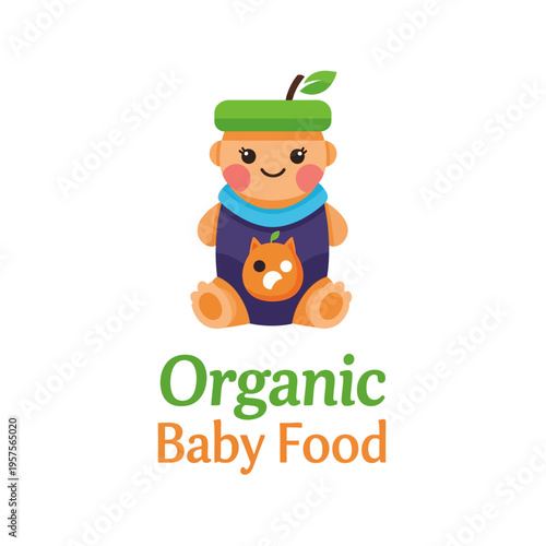 Cute cartoon baby character logo for organic baby food brand. Adorable infant with green hat and blue outfit, symbolizing natural, healthy nutrition.