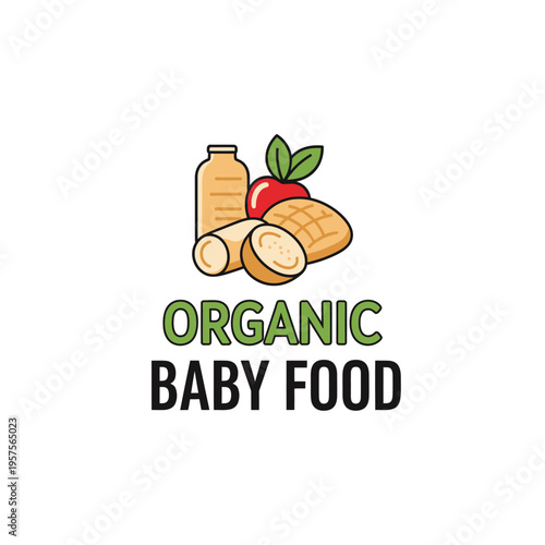 Organic Baby Food Logo Illustration: Healthy Natural Nutrition for Infants, Pureed Fruit and Vegetable Meals, Child-Friendly Diet, Early Childhood Development, Vector Graphic Design.