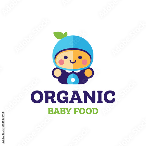 Cute cartoon baby character logo for organic baby food products. Adorable infant wearing a blue hat with a green leaf, symbolizing natural and healthy nutrition.