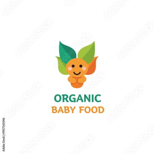 Cute organic baby food logo with a smiling orange character and green leaves. Healthy, natural, and friendly design for children's nutrition brands.