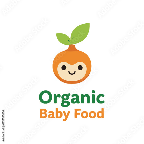 Adorable organic baby food logo featuring a friendly, smiling cartoon root vegetable character with green leaves, representing natural, healthy, and wholesome nutrition.