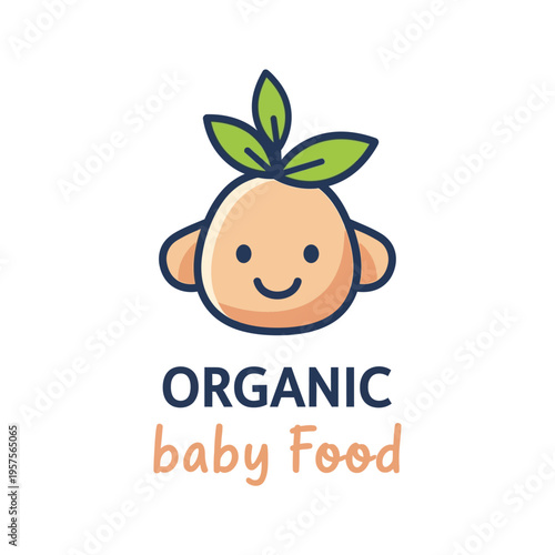 Cute organic baby food logo with a happy sprouting baby head design, representing natural, healthy, and wholesome nutrition for infants and toddlers.