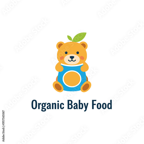 Cute cartoon bear logo for organic baby food brand, natural and healthy infant nutrition, adorable mascot for child-friendly products.