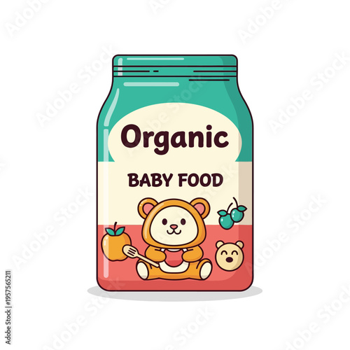 Cute cartoon jar of organic baby food with a bear and fruit, healthy nutrition for infants and toddlers