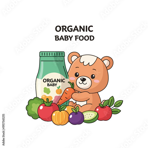 Cute cartoon bear with organic baby food and fresh fruits and vegetables, healthy eating concept