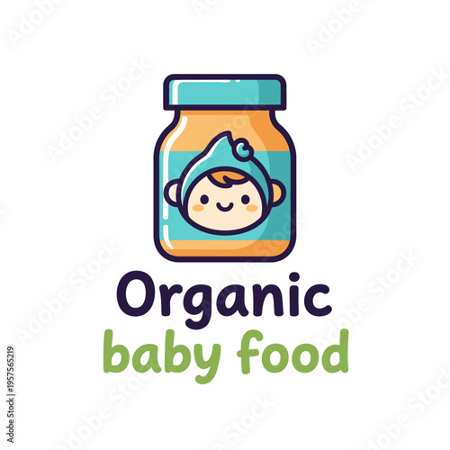 Cute cartoon illustration of an organic baby food jar featuring a smiling baby face, symbolizing healthy and natural nutrition for infants and toddlers.