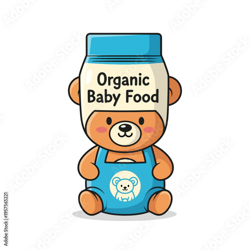 Cute cartoon bear character designed as an organic baby food jar, representing healthy infant nutrition and natural ingredients for children's meals.