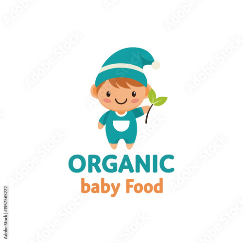 Adorable cartoon baby wearing a sleeping cap and holding a fresh green leaf, perfect logo for organic and natural baby food brands or healthy nutrition.