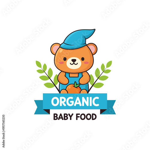 Cute cartoon bear mascot holding a carrot for organic baby food brand logo. Adorable character representing natural, healthy, and fresh nutrition for infants and toddlers.