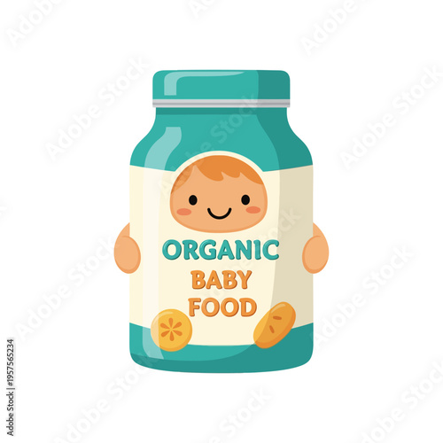 Cute cartoon illustration of an organic baby food jar with a smiling baby face, perfect for infant nutrition, healthy eating, and natural products.