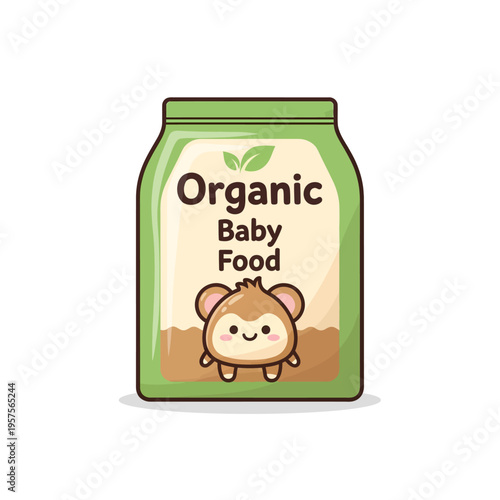 Cute cartoon monkey character on a green jar label for organic baby food, promoting healthy and natural nutrition for infants and toddlers, vector illustration.