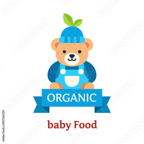 Cute cartoon teddy bear wearing blue overalls and hat, promoting organic baby food with a leaf emblem