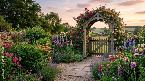 Charming garden archway overflowing with roses and wildflowers at sunset
