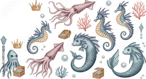 Magical Ocean Creatures Collection Featuring Seahorses, Squid, Fish, Crown, Coral, and Treasure in Underwater Fantasy Style