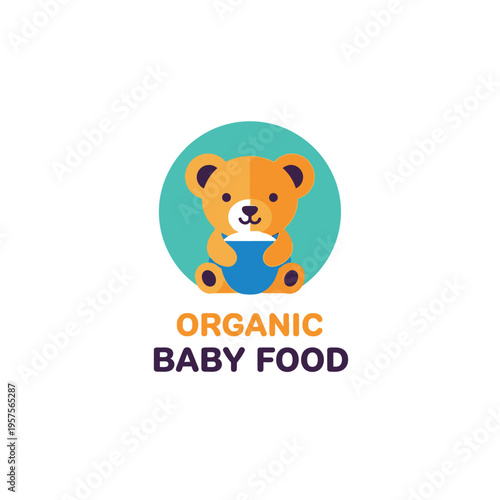 Cute teddy bear holding a bowl of organic baby food, logo for healthy infant nutrition and child care products.