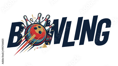 Explosive bowling typography with ball crashing through letters in dynamic high impact design on white background. Concept of energy burst, powerful motion, sport excitement and bold modern branding