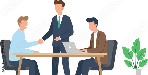 Business partnership agreement with handshake between professionals in office meeting, teamwork collaboration, corporate deal negotiation, successful business cooperation concept illustration
