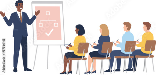 Business training presentation with manager explaining strategy on board to team, corporate workshop meeting, employee learning session, teamwork and professional development illustration