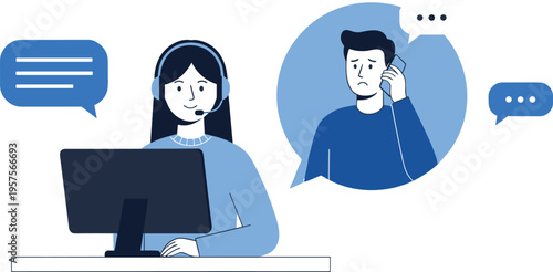 Customer support service concept with call center operator assisting client on phone, online help desk communication and technical support illustration