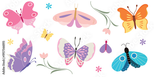 Colorful butterfly character set of elements with decorative floral elements – playful flat vector clipart collection. Vibrant vector illustration set for stickers, kids design resources.