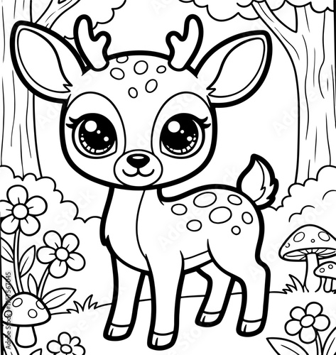 Cute baby deer fawn in forest with flowers and mushrooms, black and white outline vector illustration for coloring book