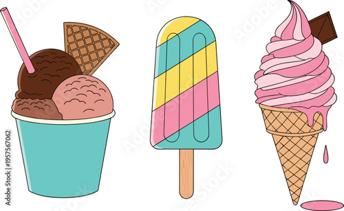 Summer ice cream vector set. Chocolate scoops in cup, colorful striped popsicle, and pink soft serve cone. Minimalist cartoon desserts for cafe branding.