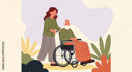 Caregiver pushing senior man in wheelchair, providing assistance outdoors