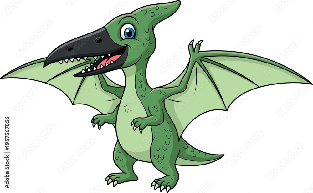 Obraz premium Cute Cartoon Pterodactyl Dinosaur Character with Wings Spread Smiling Flying Reptile Illustration for Kids Prehistoric Animal Design