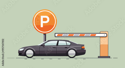 Vehicle at a parking lot entrance with a barrier and a 'P' sign