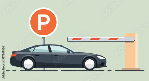 Car approaching a parking barrier with a parking sign, flat illustration