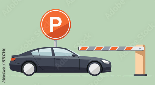 Modern sedan car waiting at a parking barrier with a parking sign illustration