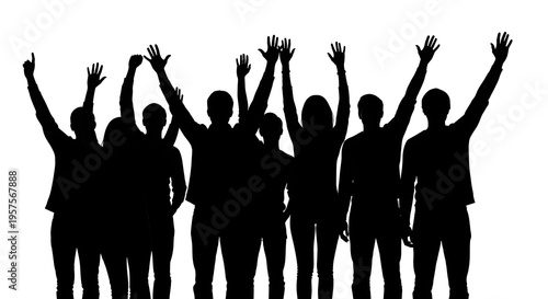 A group of seven silhouetted figures with hands raised in apparent celebration against a bright white background, representing unity and excitement.