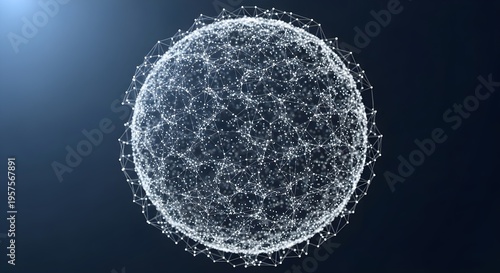 A glowing digital network sphere with interconnected nodes against a deep navy blue background representing global connections and data.