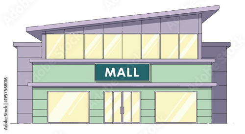 Modern shopping mall building exterior with bold sign and large windows