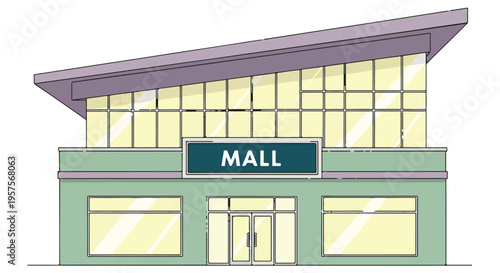 Modern shopping mall building exterior illustration with 'MALL' sign