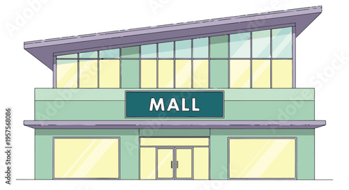 Modern shopping mall building exterior in a minimalist cartoon style