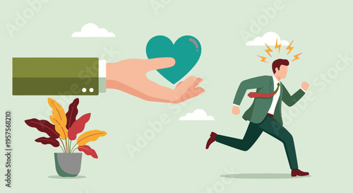 Stressed man running from an offered heart, symbolizing rejection of care