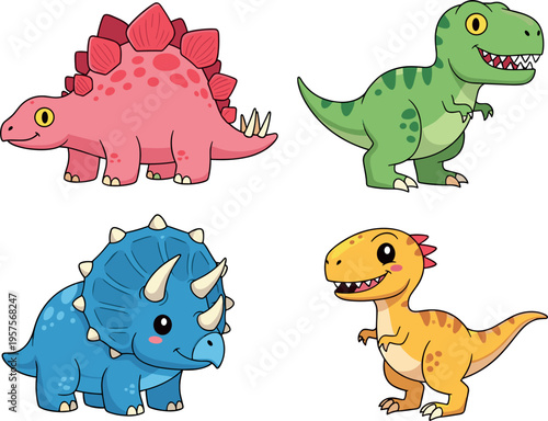 Cute Cartoon Dinosaur Set Featuring Stegosaurus Tyrannosaurus Triceratops and Baby Dino Characters Colorful Prehistoric Animal Illustration Collection