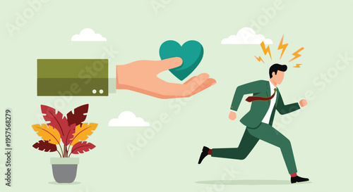 Stressed businessman running away from offered support and care