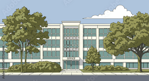Modern office building exterior with trees, bushes, sidewalk, and road
